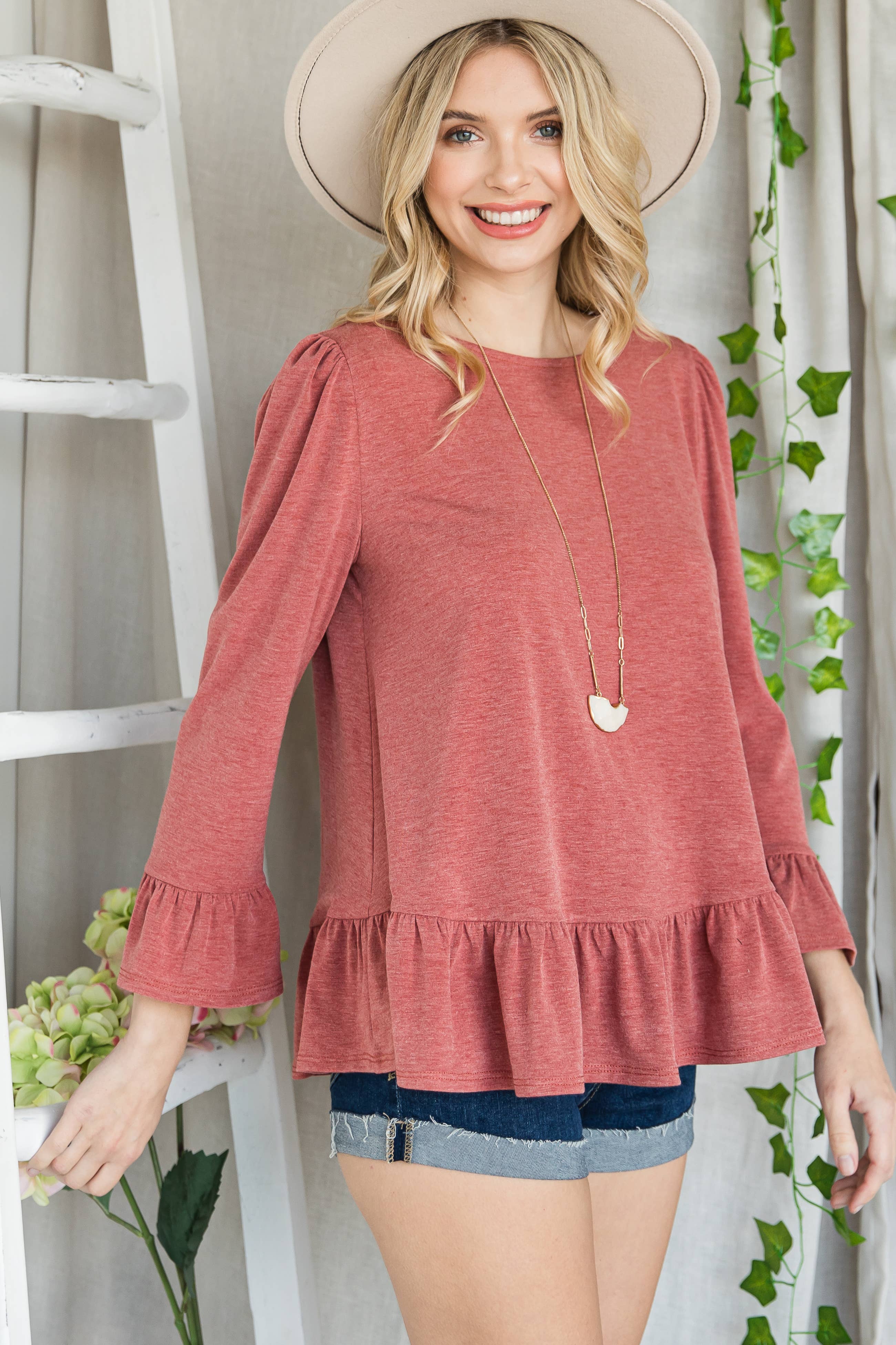 Emerald Collection - Wholesale Blouse - Women's - ETK-8690-PL Plus Size Babydoll Ruffle Hem Solid Top15