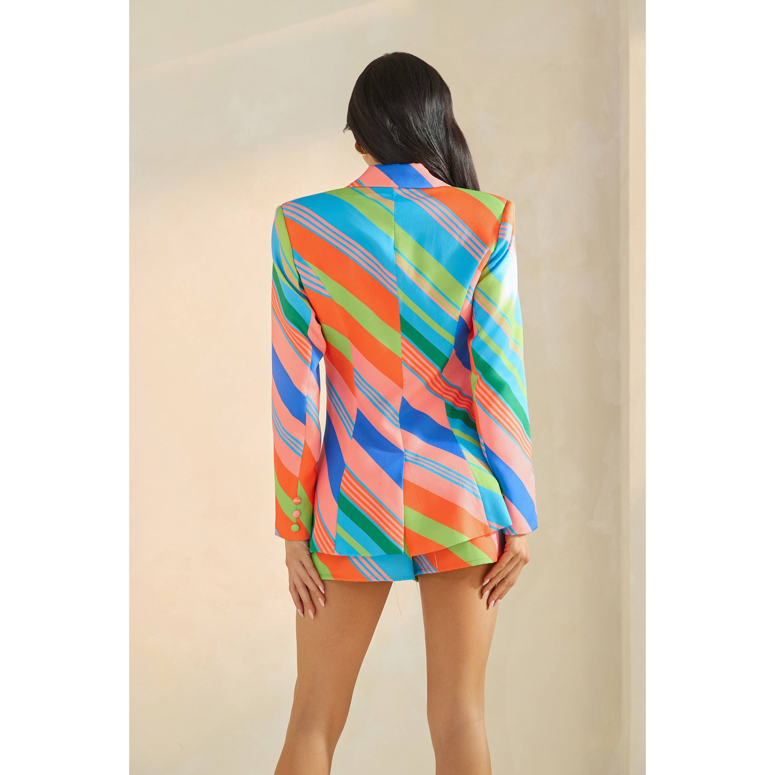 ORANGE/BLAU BLAZER MIT PASSENDEN SHORTS IN MEHRFARBIGEM SCHRÄGSTREIFEN-SET für den Großhandel auf Faire6