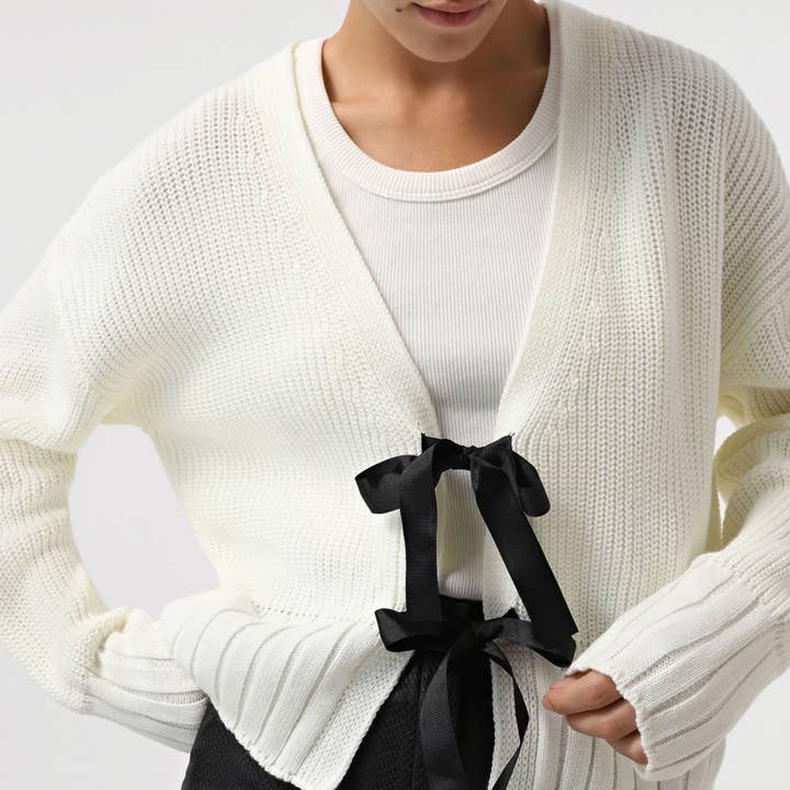 Rosa Clothing - Wholesale Cardigan - Women's - Plain Ribbon Bow tie front Knitted Cardigan