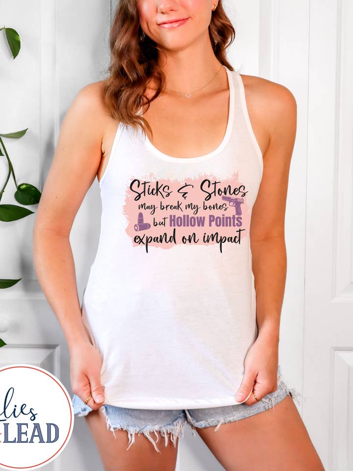 Sticks, Stones, and Hollow Points 2A Racerback Tank Top for wholesale by Lilies & Lead