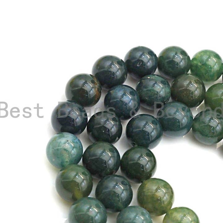 BestBeads&Beyond - Wholesale Beads - Natural Moss Agate, Round Smooth 6mm/8mm/10mm/12mm, Green Gemstone beads,15.5" Full Strand, sku#U6354
