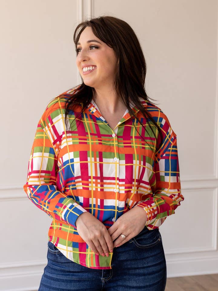 The Cathryn Multicolor Plaid Button Down Top for wholesale by GRACE+EMMA by Southern Grace