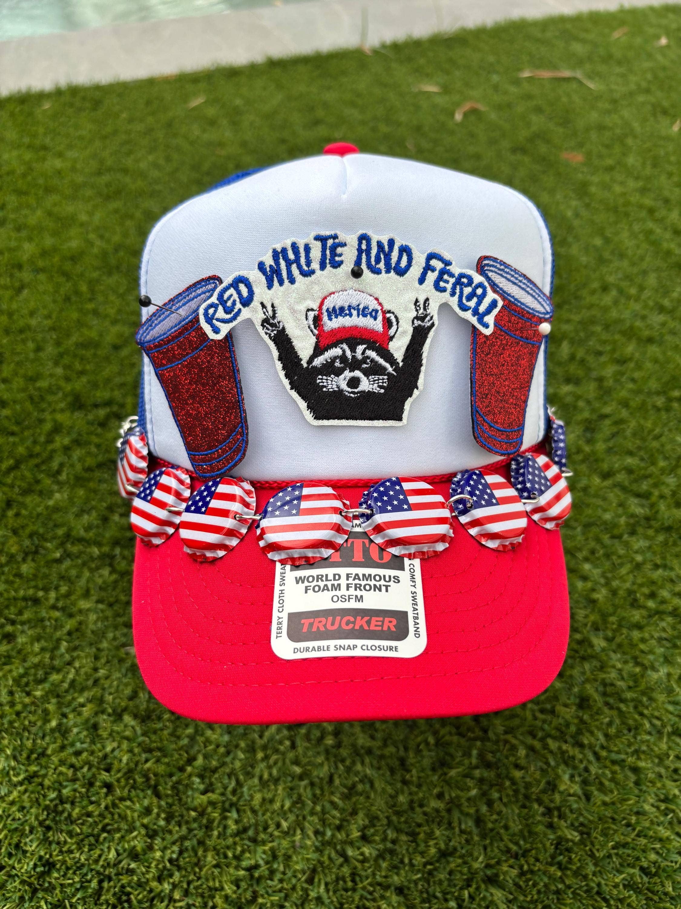 Eric Hill Designs, LLC - Wholesale Patch - Trendy Red White and Feral Raccoon Glitter Patch