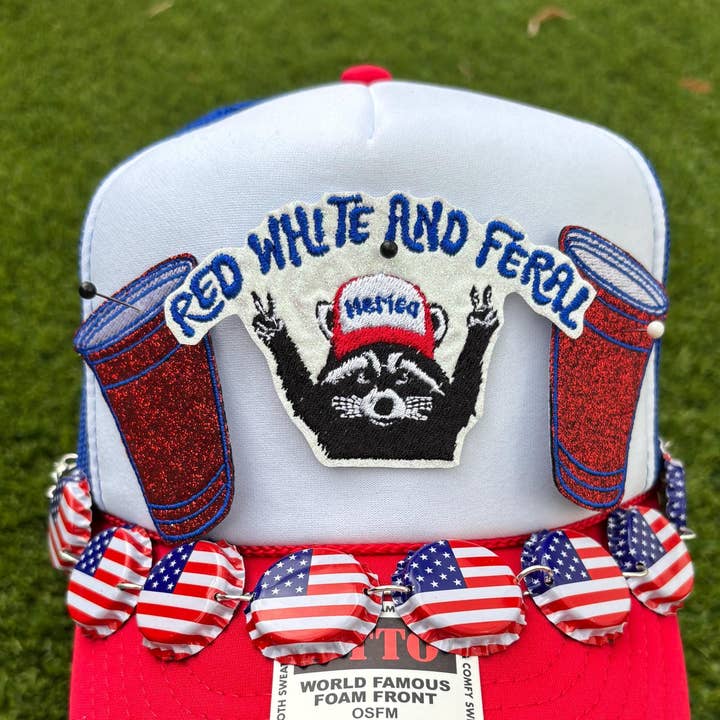 Eric Hill Designs, LLC - Wholesale Patch - Trendy Red White and Feral Raccoon Glitter Patch0