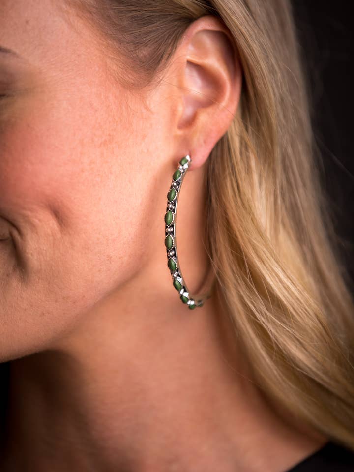 2.5" Burnished Silver and Green Petite Point Style Hoop Ear for wholesale by West & Co.
