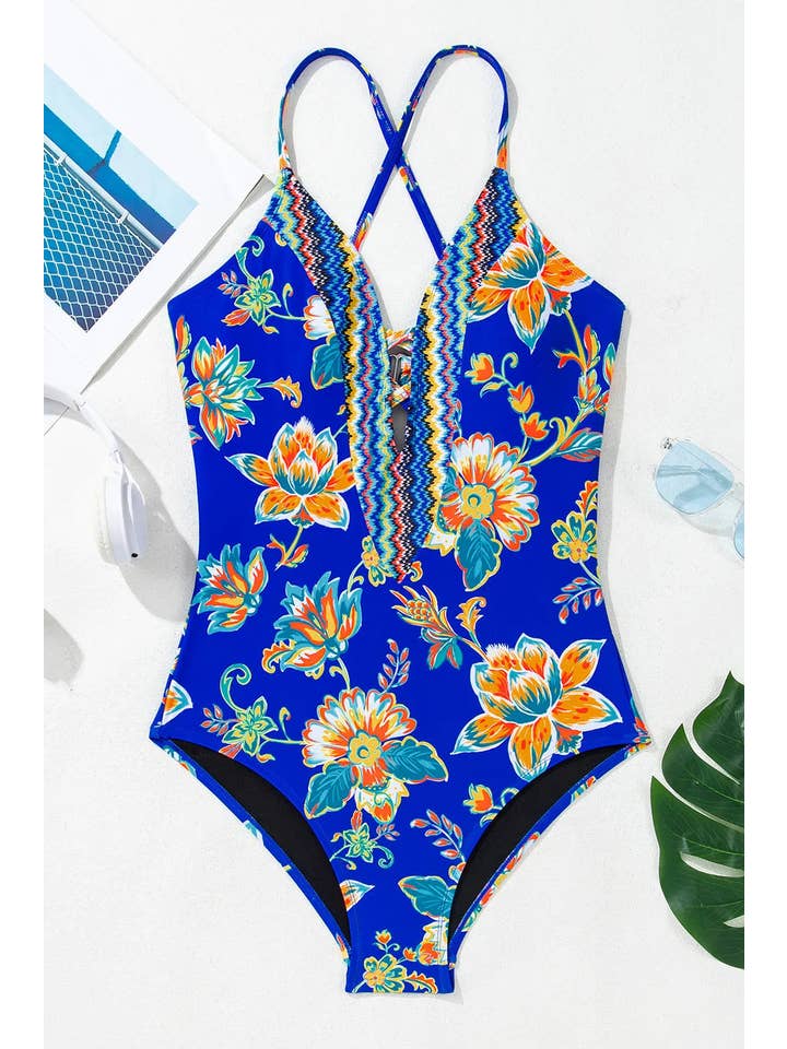 Blue Floral Cutout One Piece Swimsuit for wholesale on Faire