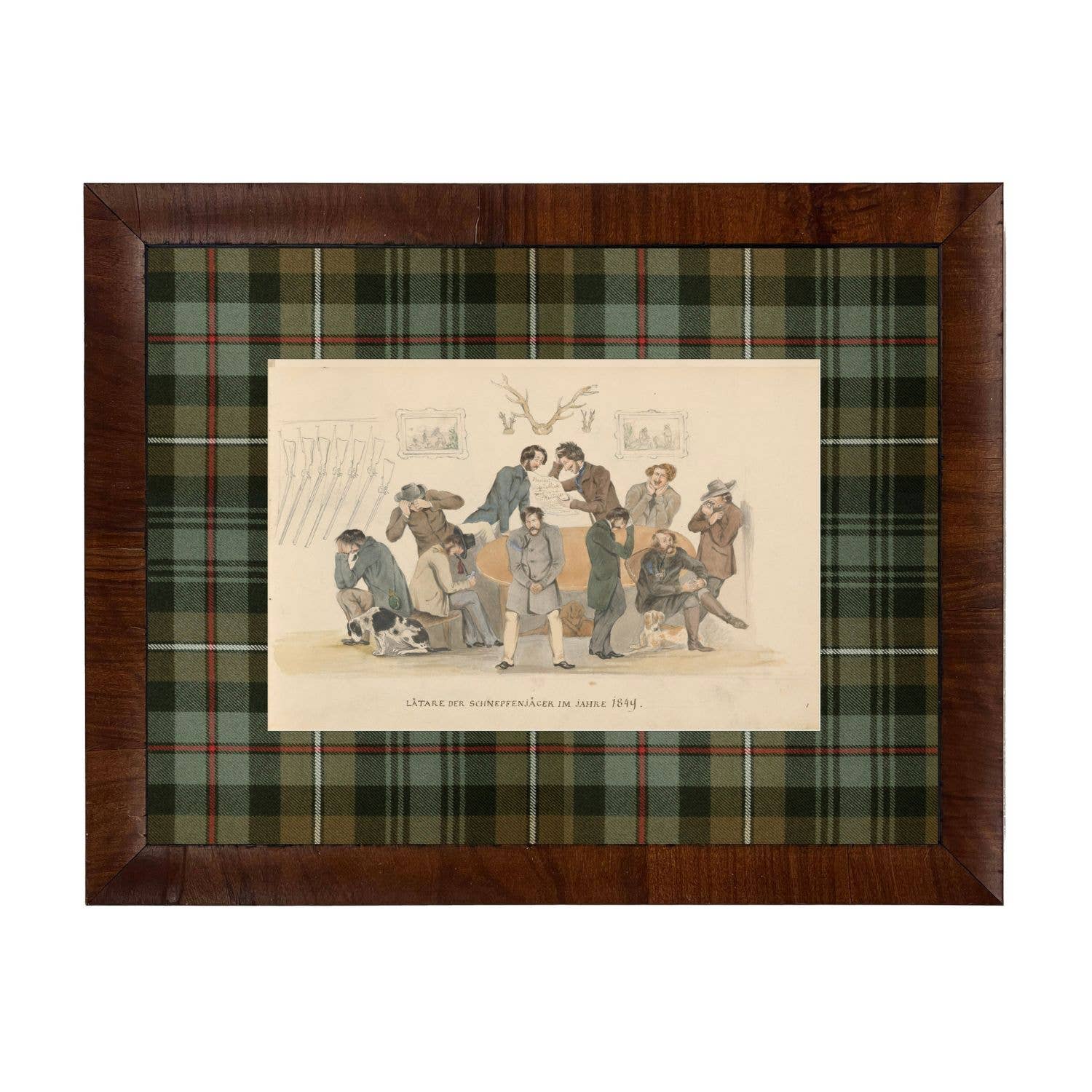 Antique Curiosities Inc - Wholesale Art Print - Hunt club scene matted in green and brown tartan0