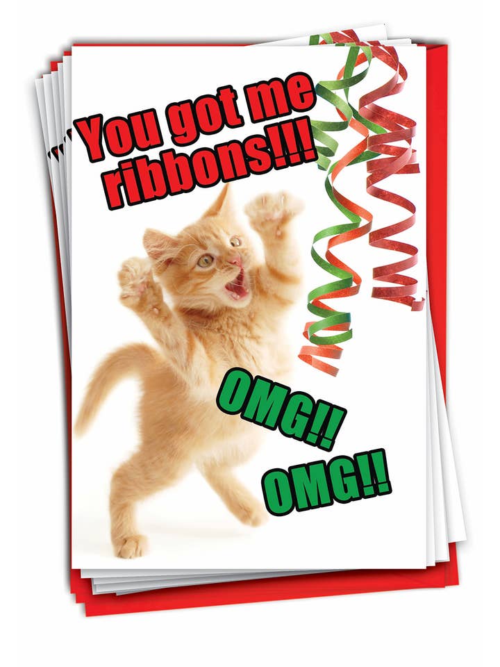 Box of 12 Christmas Card - Cat Ribbons for wholesale by NobleWorks