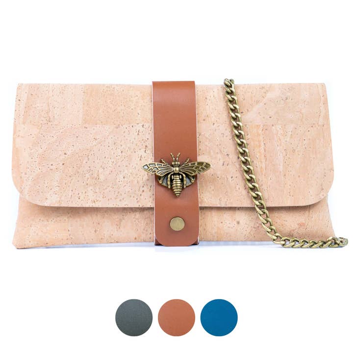 Natural Cork Crossbody Wallet with Chain Strap & Bee Charm BAG-2372 for wholesale by Meninas Bonitas Cork