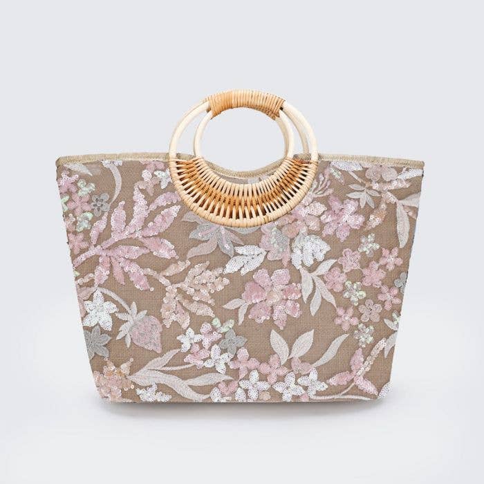 PEACH ACCESSORIES – wholesale Beach bag – Pink Sequins Flowers Handbag with Bamboo Handles A212