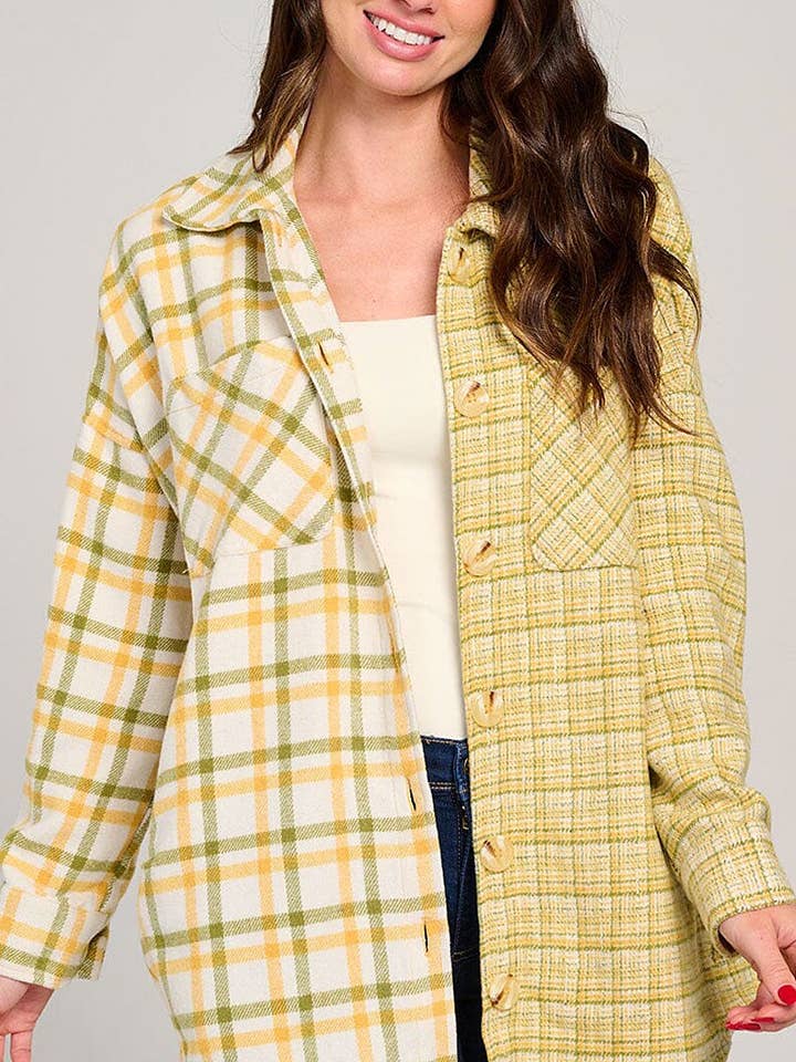 LIME MULTI LONG SLEEVE FRONT POCKET BUTTON UP PLAID SHACKET for wholesale on Faire0