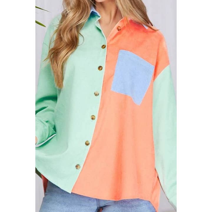 PLUS STORLEK MANCHESTER FÄRGBLOCK KNAPP FRÄMRE SHACKET för wholesale av Curve Market