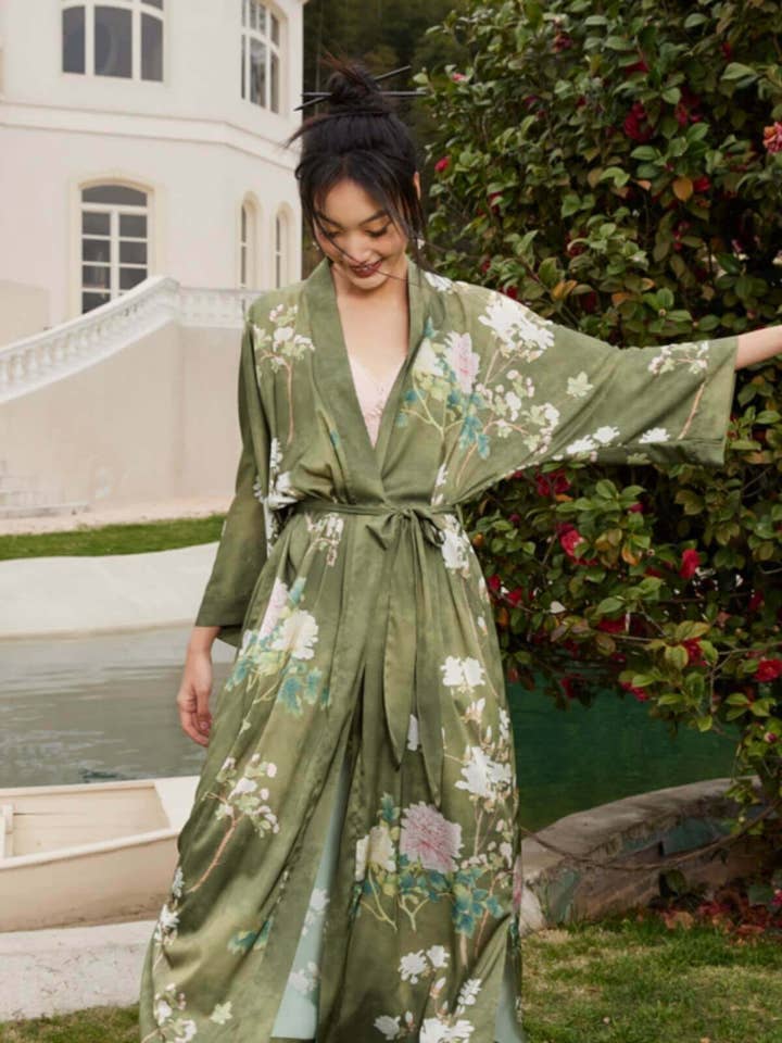 Floral Olive Kimono Robe for wholesale on Faire4