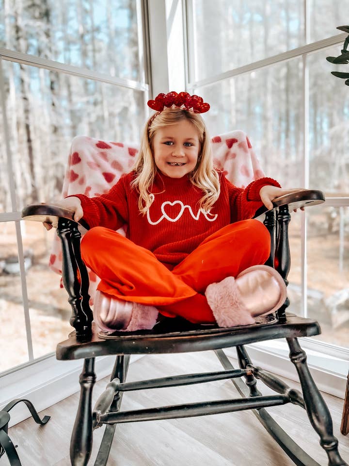Rylee Faith Designs - Wholesale Knit Sweater - Kids - Valentine’s Day Girls Red Knit Sweater – "Love" Heart Embroidery Long Sleeve Pullover4