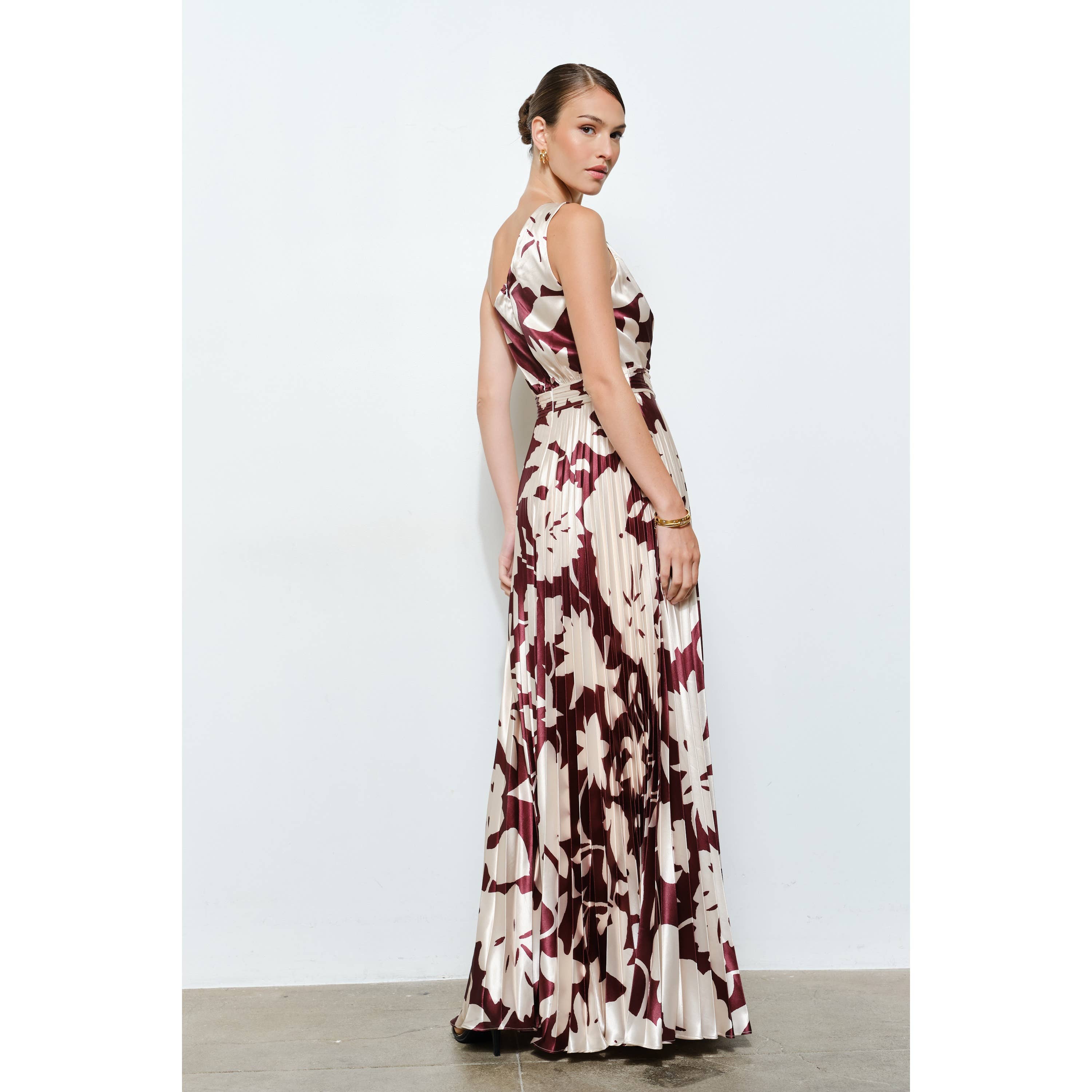 MOCHA MOUSSE One Shoulder Satin Floral Print Pleated Maxi Dress for wholesale on Faire5