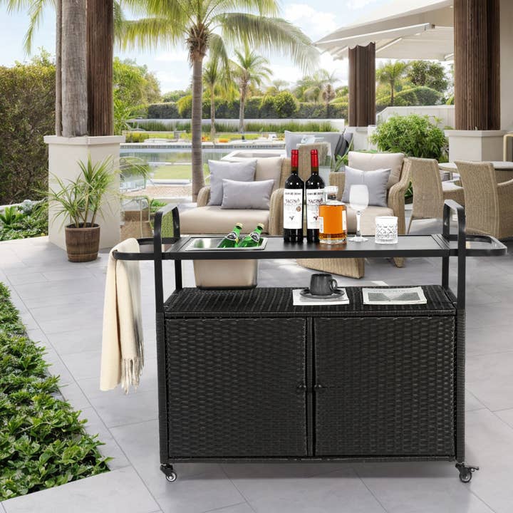 Outdoor Wicker Bar Cart with Cabinet & Ice Bucket – Black for wholesale by 39F Inc.