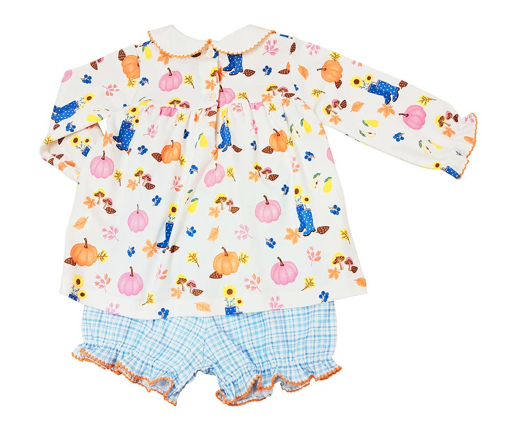 Marco and Lizzy – Romper - Crianças por atacado – Conjunto de pima com estampa de abóbora e xadrez de outono com estampa de abóbora e xadrez1