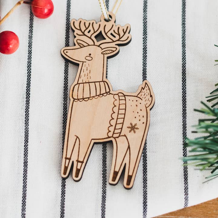 Wood Deer Christmas Ornament- Scandinavian Folk Style for wholesale by Reece Design Works