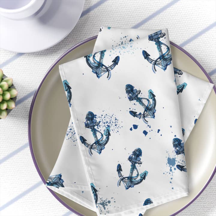 Serviettes de dîner nautiques 4 pièces Blue Watercolor Anchor pour la vente par Prestige Plume