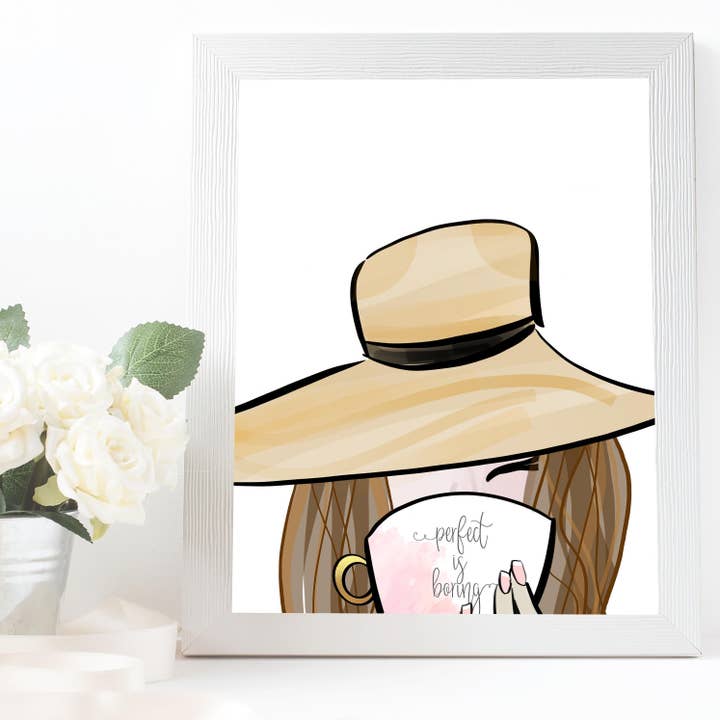Beach Girl with Hat and Coffee Tea Cup Fashion Illustration for wholesale by La Design Boutique
