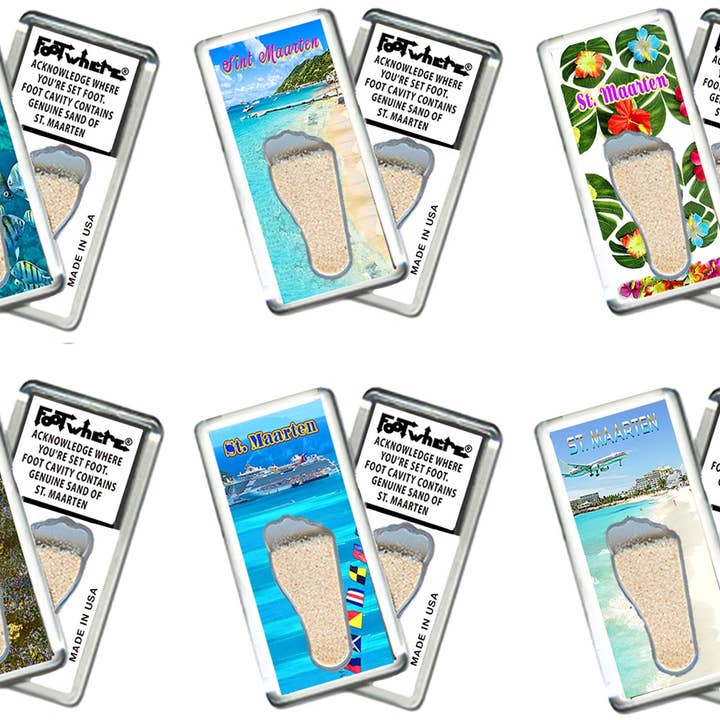 Aimant souvenir FootWhere® de St. Maarten. 72 pièces/6 styles assortis. pour la vente par FootWhere- USA Group, Inc.
