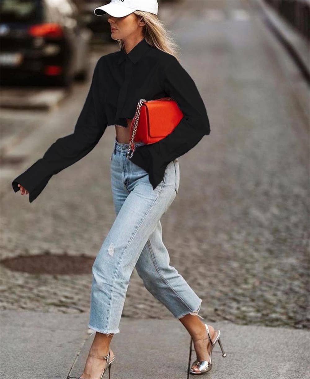 HIDDENBRAND - Wholesale Button Down Shirt - Women's - Back to school cropped white shirt3