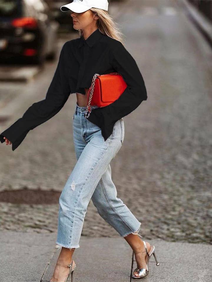 HIDDENBRAND - Wholesale Button Down Shirt - Women's - Back to school cropped white shirt3