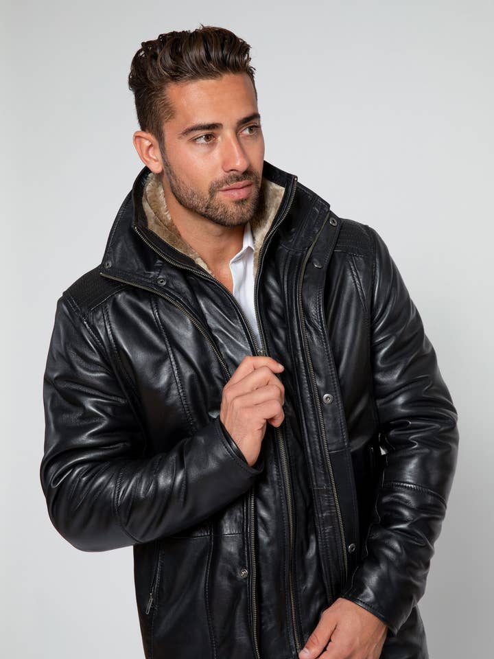 Black Men's Tiberius Premium Lambskin Leather Coat with Fur for wholesale on Faire
