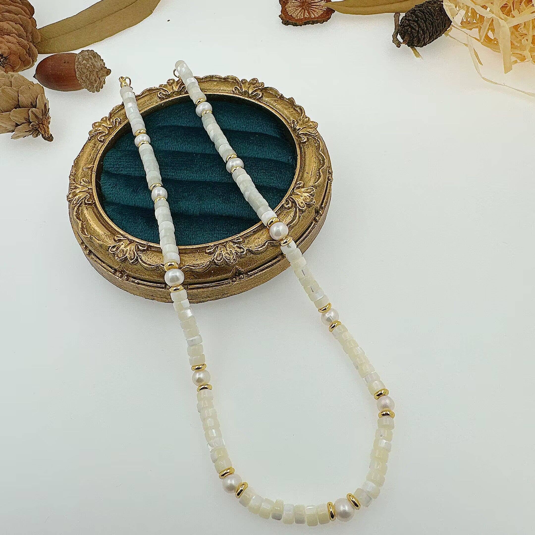 BestBeads&Beyond - Wholesale Beaded/Pearl Necklace - Natural Mother of Pearl Heishi Beads with Gold spacer neckla4