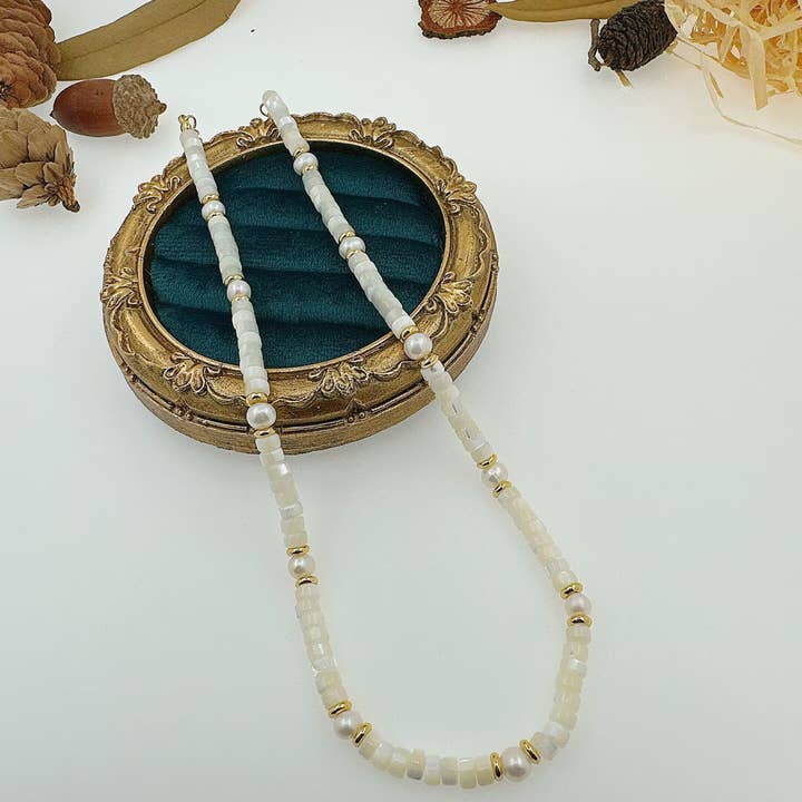 BestBeads&Beyond - Wholesale Beaded/Pearl Necklace - Natural Mother of Pearl Heishi Beads with Gold spacer neckla4