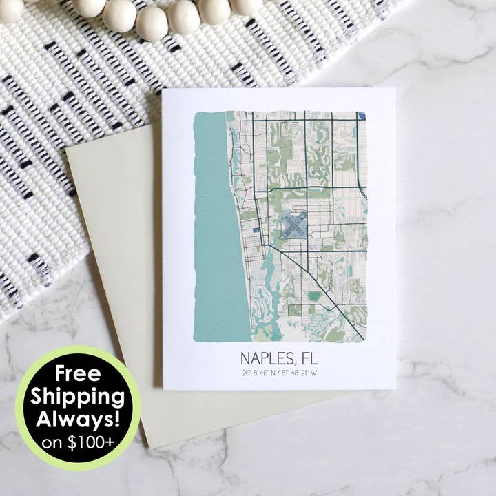 Naples Florida city notecards, custom map greeting cards for wholesale by Sparks House Co.