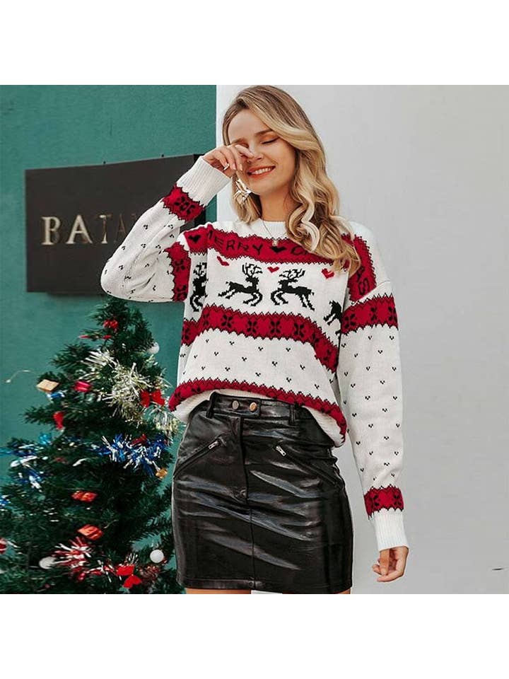 madeinclothinginc - Wholesale Knit Sweater - Women's - Wholesale Autumn Winter Women Loose Crewneck Christmas Fawn Knit Pullover Sweater