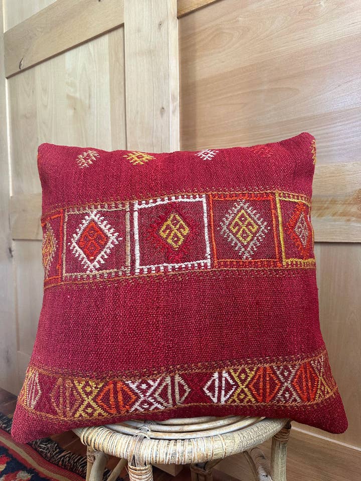 Red Embroidered Turkish Kilim Throw Pillow 20 x 20 for wholesale by High Pile Designs