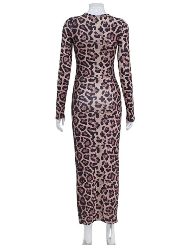 Bodycon Long Sleeves Leopard Printed Round-Neck Maxi Dresses for wholesale on Faire6