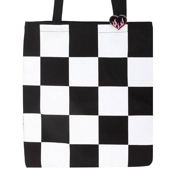 Something Different Wholesale - Wholesale Tote Bag - Women's - Checkerboard Print Tote Bag with Heart Pin Badge2