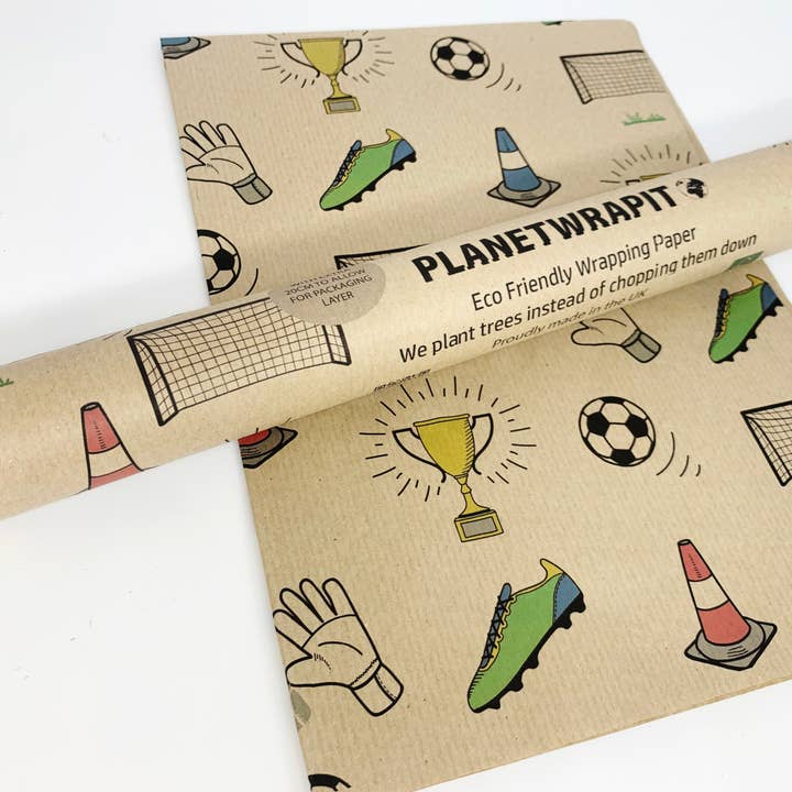PlanetWrapIt - Wholesale Flat Wrap - Football Mad Recycled Kraft Wrapping Paper Gift Wrap