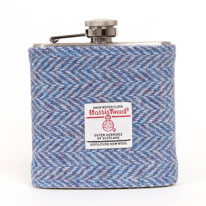 6oz Harris Tweed Hip Flask - Blue Herringbone - HT05 for wholesale by Created By The Ridleys