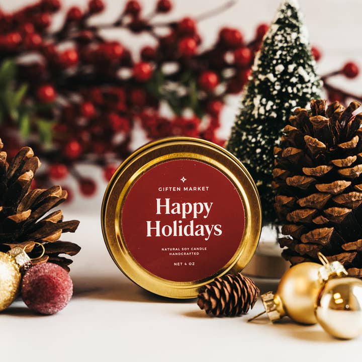 Happy Holidays Soy Candle - 4 oz Gold Travel Tin - Stockings for wholesale by Giften Market