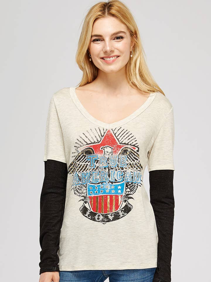 Langærmet V-hals To tone Kontrast Raglan top for engroshandel hos Urban X Apparel