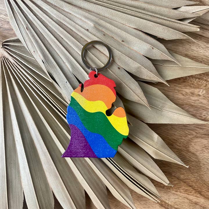 Michigan Lower Peninsula Rainbow Wave Wood Keychain for wholesale by Feather and Birch