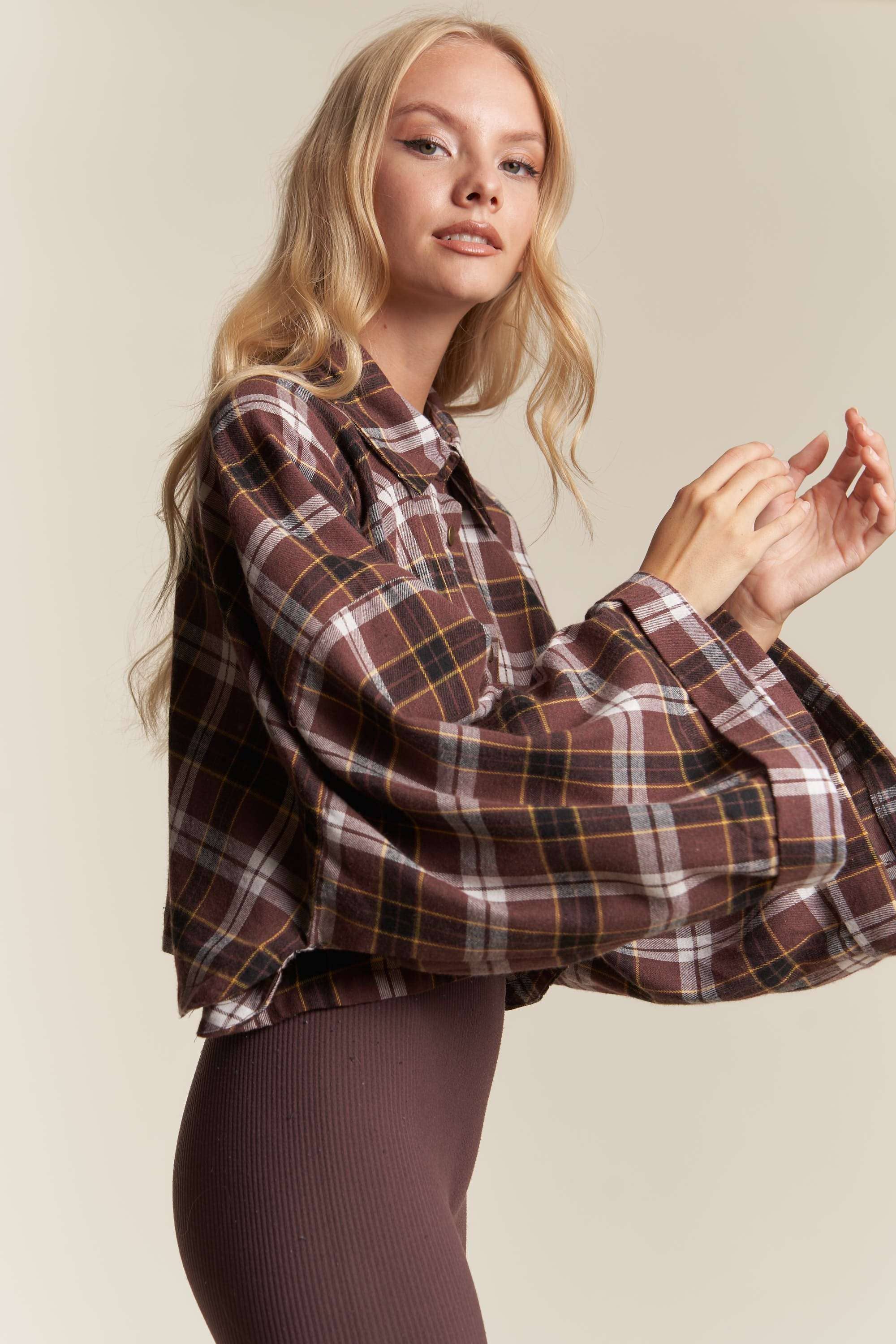 BROWN COMBO WIDE SLEEVE SNAP BUTTON DOWN PLAID SHIRT JACKET for wholesale on Faire14