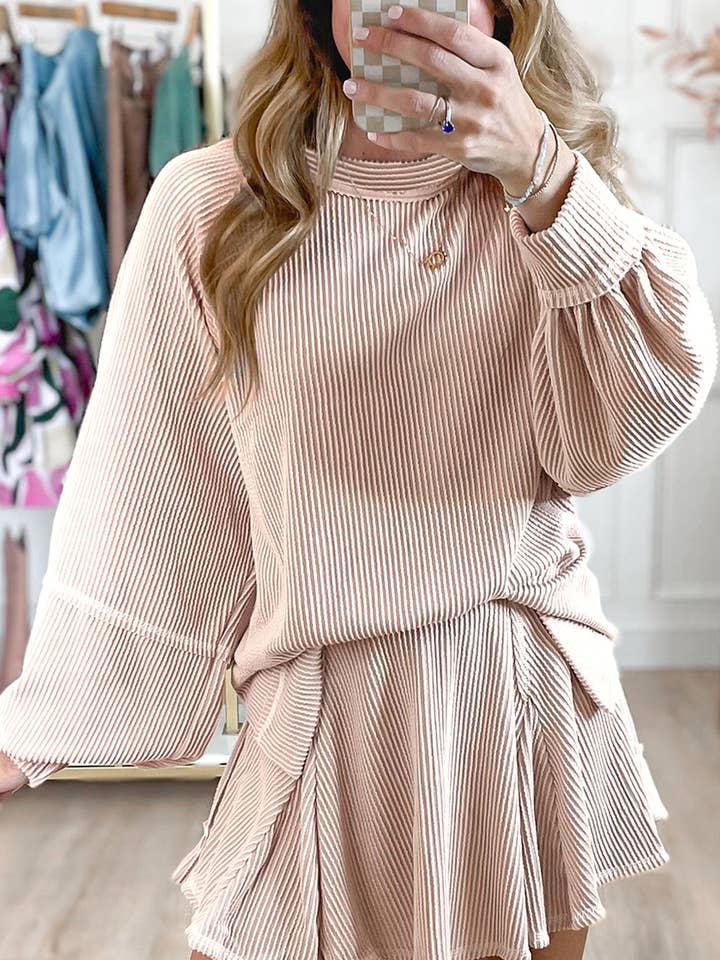 Jet Stream Corded Lantern Sleeve Top High Waist Ruffled Mini Skirt Set for wholesale by Lillie + Co