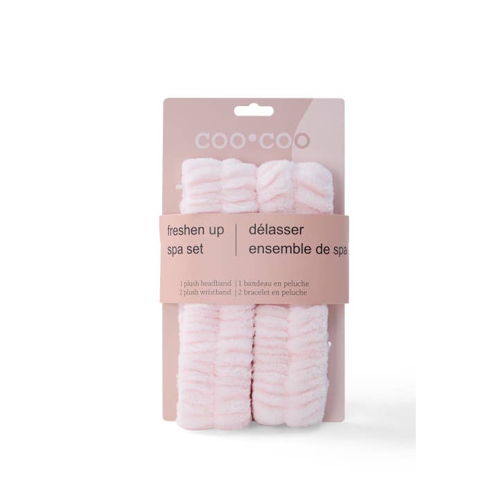 CooCoo Beauty - Wholesale Spa Headband - 3 PC 'Freshen Up' Fuzzy Headwrap + Wristband Set - Bubblegum