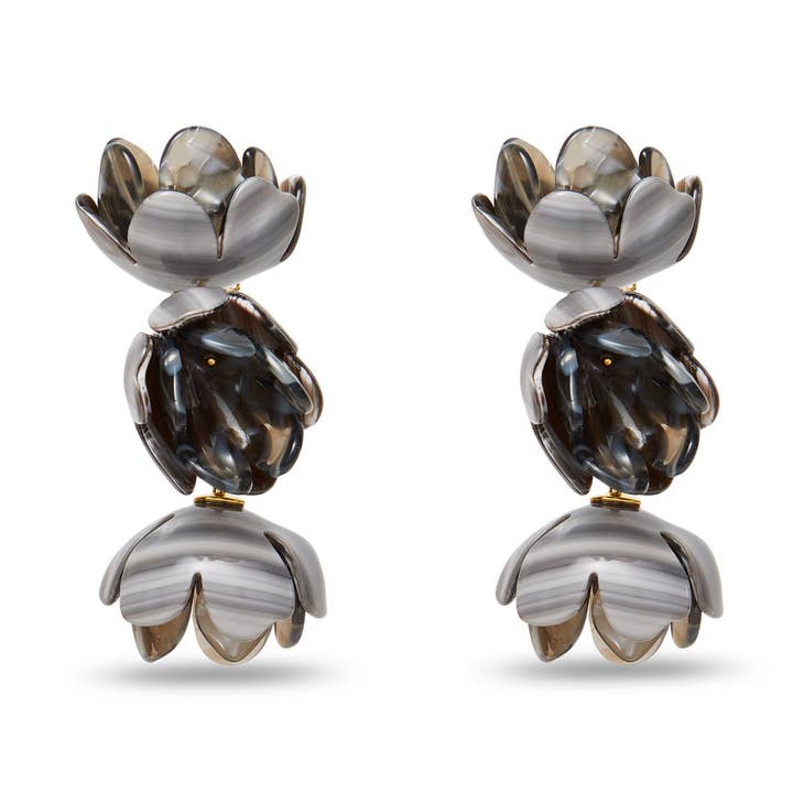 Lele Sadoughi - Wholesale Clip-On Earrings - CHARCOAL STRIPE ROSE PETAL TRIPLE DROP CLIP-ON EARRINGS