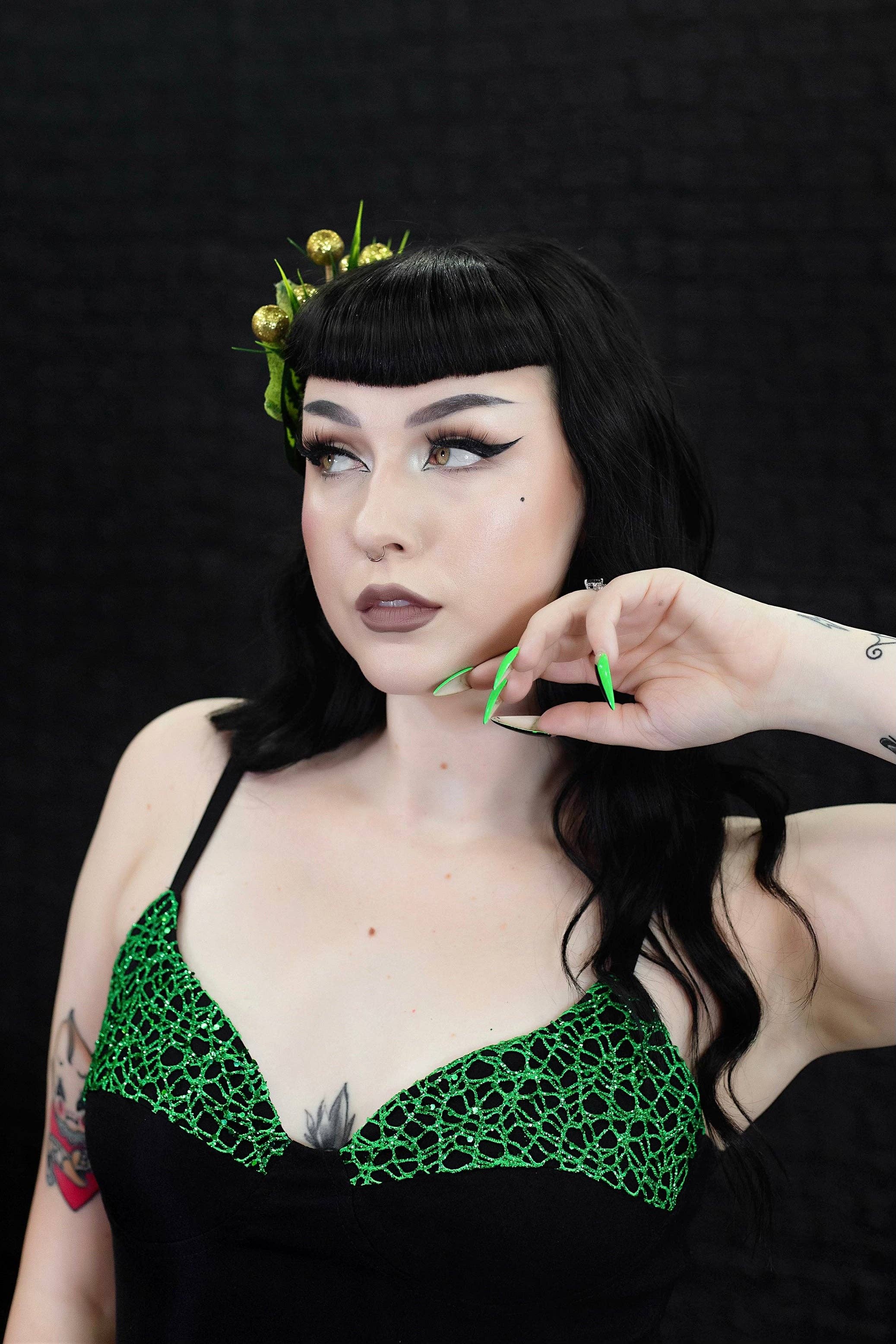 Weasel Wear - Wholesale Gown - Women's - Creature Sparkle Dress in Green - Glitter Net Mermaid Dress with Structured Neckline & Seaweed Sparkle Overlay (Siren of the Swamp Edition)6