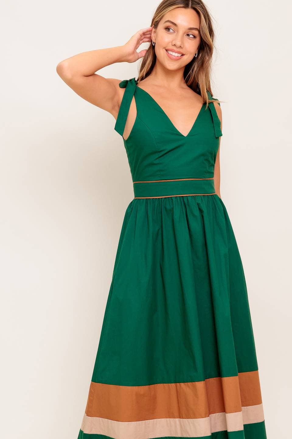 GREEN TAUPE A solid woven color blocked midi dress - ID22698 for wholesale on Faire4