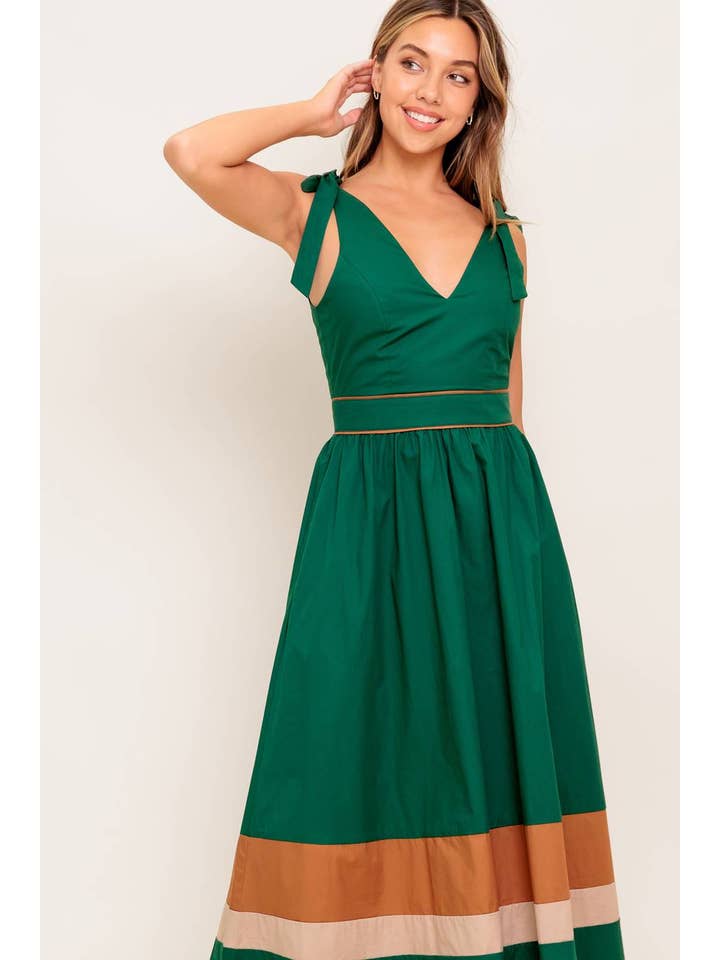 GREEN TAUPE A solid woven color blocked midi dress - ID22698 for wholesale on Faire4