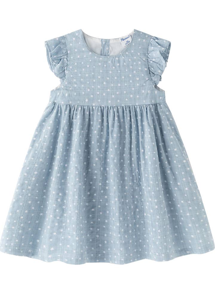 Blue dress with star print and ruffled sleeves JGV96855
for wholesale by Newness Kids