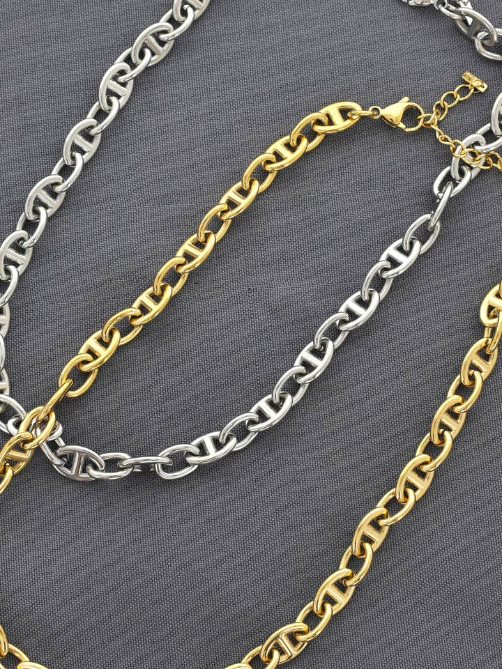 18K Gold/Steel Plated Flat Mariner Chain Link Necklace for wholesale by SP Sophia Collection