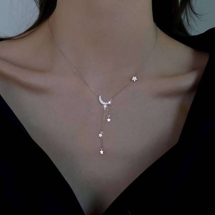 Perimade & Co. LLC - Wholesale Pendant/Charm Necklace - Moon Star Layered Tassel Necklace in 925 Sterling Silver